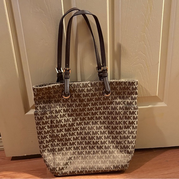 Michael Kors Handbags - Michael Kors MK Signature Tan and Brown Tote With Buckle Detail Straps